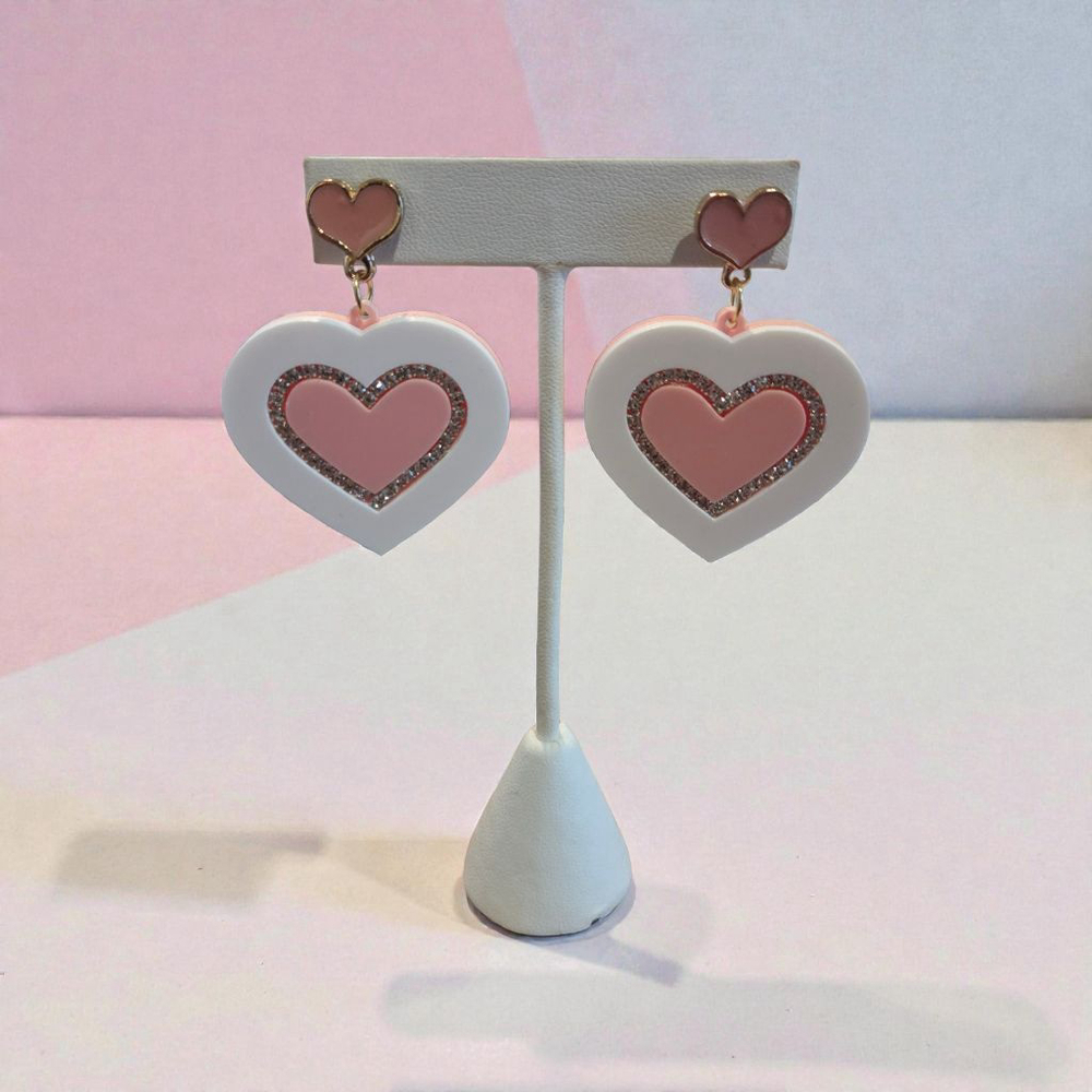 Heart Drop Pink & White Earrings